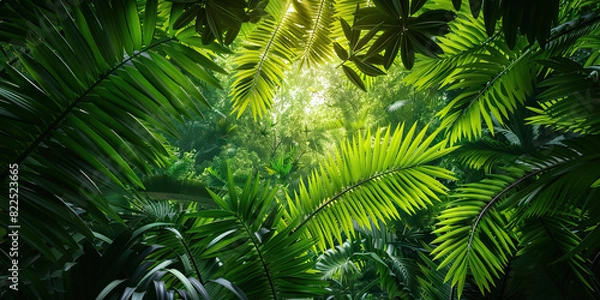 Fototapeta The lush green jungle canopy towers above, teeming with life, its vibrant leaves blocking out the harsh rays of the sun