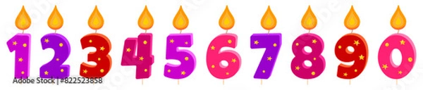 Fototapeta Burning candles numbers with gold confetti for birthday, anniversary, holiday isolated on white background, vector.