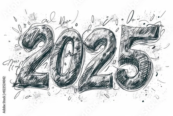 Fototapeta 2025 drawing numbers, new year sketch greeting card, doodle celebrate banner, freehand eve poster