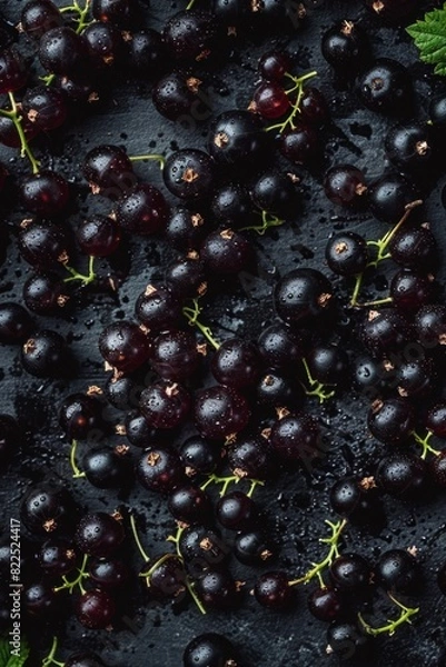 Fototapeta Blackcurrant texture background, Ribes nigrum fruits pattern, black currant mockup, cassis banner, black berries