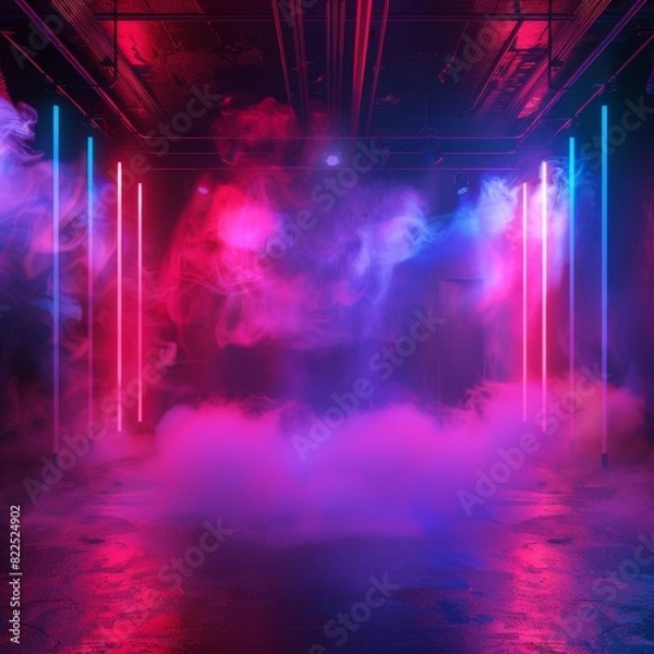 Fototapeta Empty dark stage, neon spotlights, smoke texture background, fog stage interior, showroom