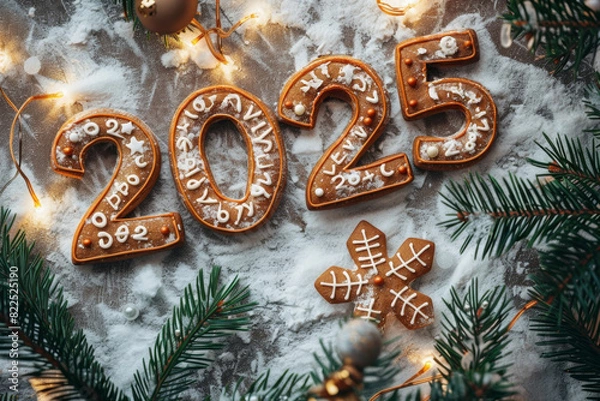 Fototapeta 2025 gingerbread numbers, new year biscuits greeting card, gingerbread cookies celebrate banner