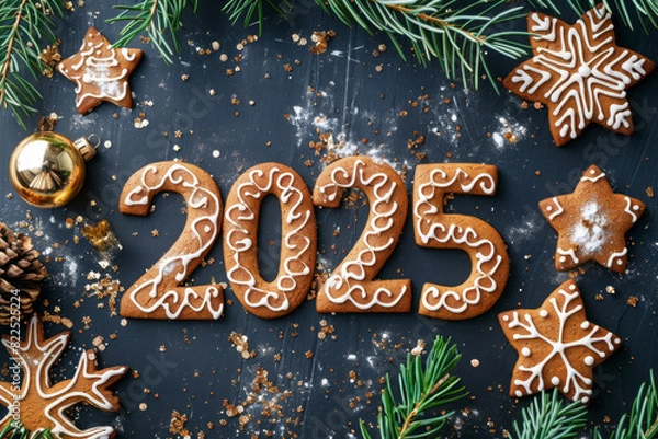 Fototapeta 2025 gingerbread numbers, new year biscuits greeting card, gingerbread cookies celebrate banner