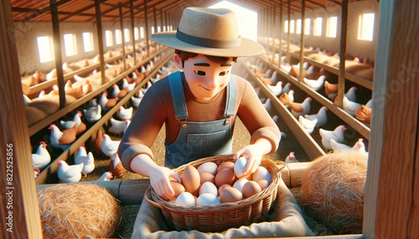 Fototapeta 3D-Style Farmer Collecting Fresh Eggs from Henhouse, Surrounded by Clucking Hens and Straw Bales on a Sunny Day