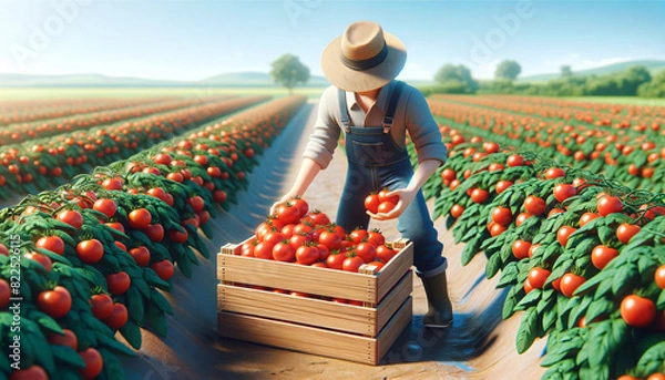 Fototapeta 3D-Style Farmer Harvesting Ripe Tomatoes in a Vast Field, Carefully Placing Them in a Wooden Crate on a Sunny Day