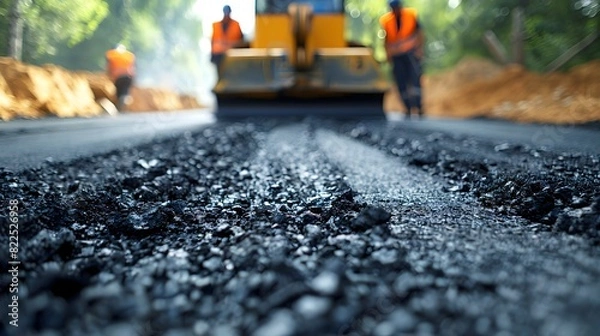 Fototapeta Worker paving road with asphalt, focus on foreground texture, machinery and vehicle in background.