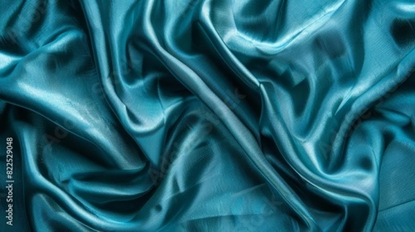 Fototapeta  A detailed shot of a teal-blue fabric with an expansive fold in its center The upper edge exhibits delicate, thin lines