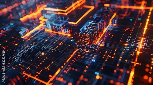 Fototapeta 3D Render of Abstract Cyber Network with Glowing Digital Data