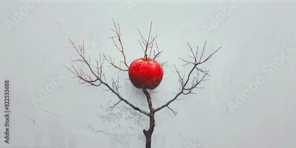Fototapeta The Red Apple Tree: A single, vibrant red apple sits at the center of an empty, white background, its branches stretching out in all directions