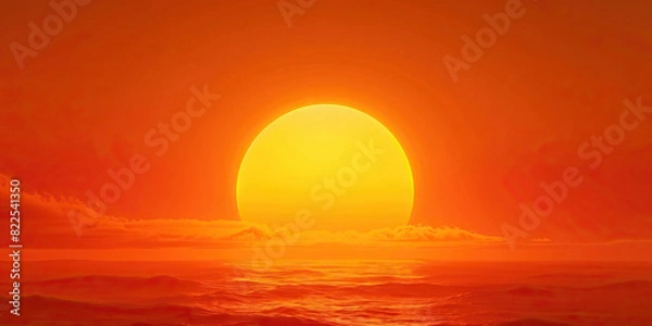 Fototapeta A bright orange sun dips below the horizon, casting a warm hue across the sky.