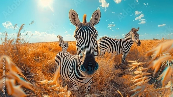 Obraz Two Zebras Standing on Dry Grass Field
