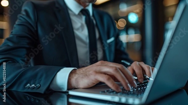 Fototapeta Focused Businessman in Suit Working on Laptop, Close-Up of Hands Typing and Determined Expression in Modern Office Setting.
