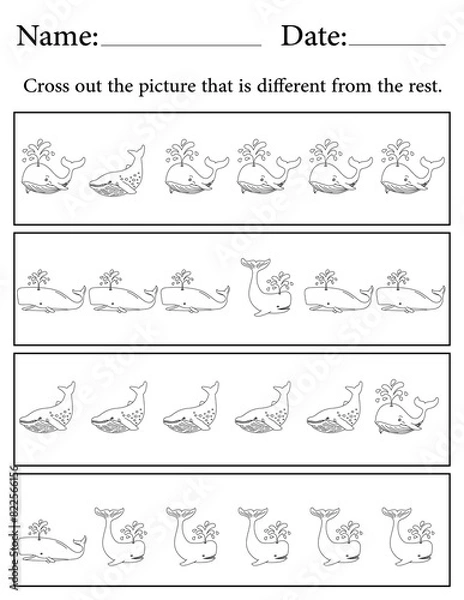 Fototapeta Whale Puzzle. Printable Activity Page for Kids. Educational Resources for School for Kids. Kids Activity Worksheet. Find the Different Object