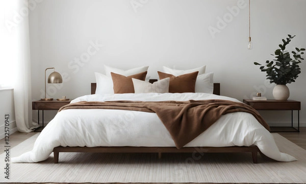Fototapeta Cozy bedroom interior displaying a comfortable bed with white linen and brown accent pillows, accompanied by modern bedside accessories and greenery