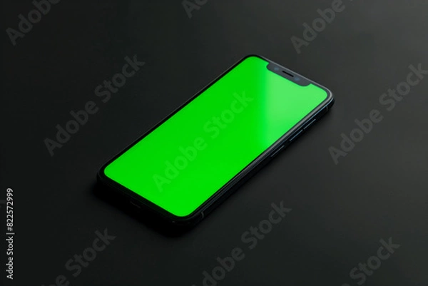 Fototapeta Elegant smartphone lies on a dark, matte surface, its screen lit up with a bright green chroma key, perfect for graphic designers to overlay with custom content