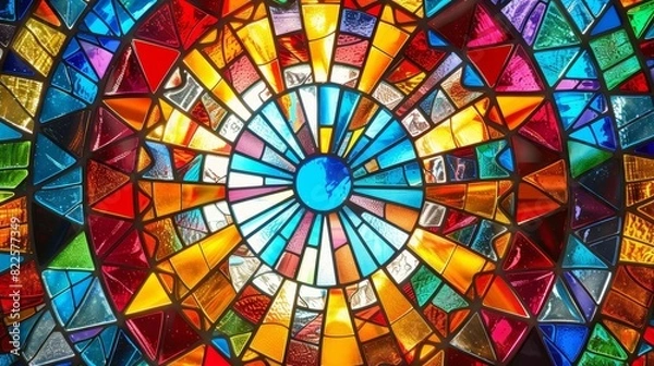 Fototapeta colorful stained glass window in circular shape with vibrant multicolored crystals intricate geometric pattern