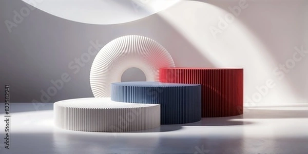 Fototapeta Three Empty Minimalist Podiums In The Colors Of The North American Flag For Product Presentation On The 4th Of July. Concept For Independence Day.