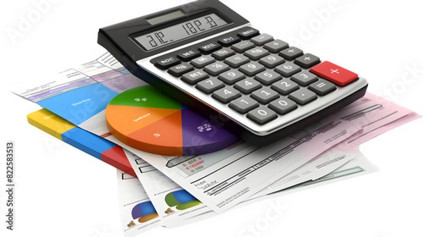 Obraz Calculator with Financial Documents for Accounting and Finance, Isolated on White, Transparent Background, PNG File, Hand Edited Generative AI