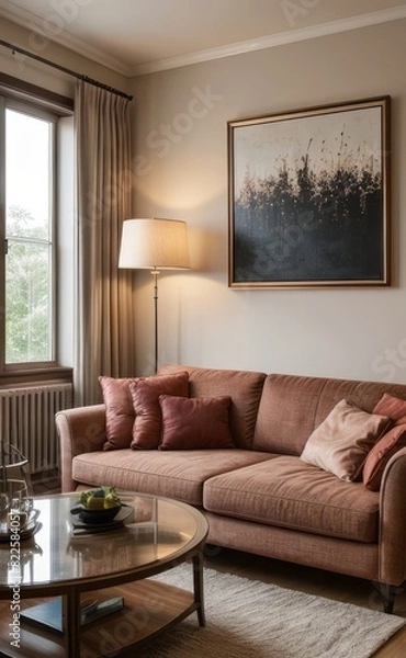 Fototapeta Sophisticated professional photograph of a burgundy and rose gold luxury living room interior with abstract art and indoor palm trees