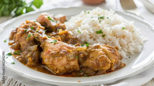 Fototapeta Savory chicken stew served with white rice and garnished with fresh parsley on a white plate, ideal for a wholesome meal