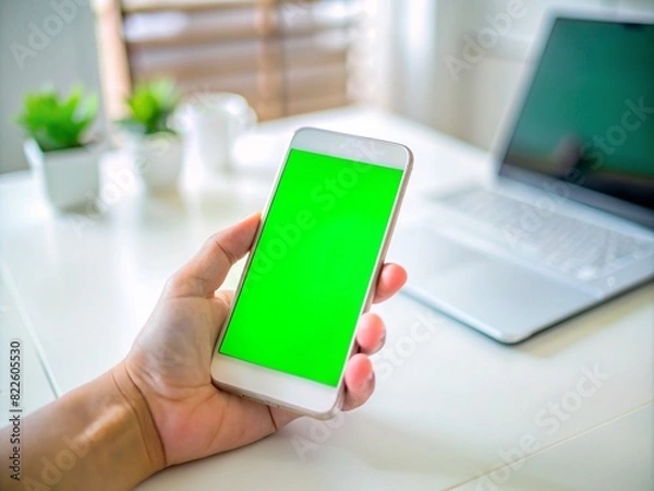 Fototapeta Hand holding white smartphone with blank green screen display in a home office or workspace