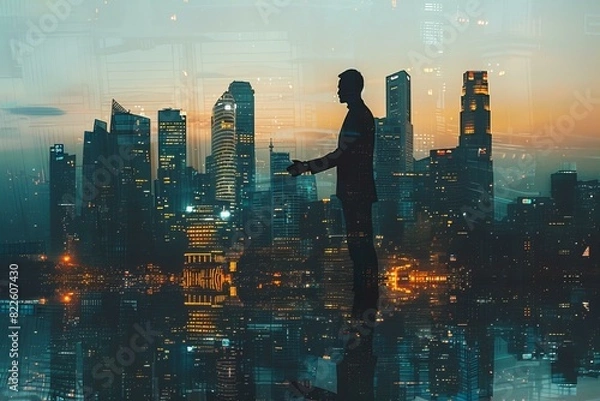 Fototapeta Man standing in front of window with city view