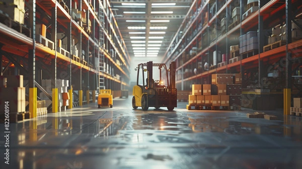 Fototapeta Forklift doing storage in warehouse. Generative AI.