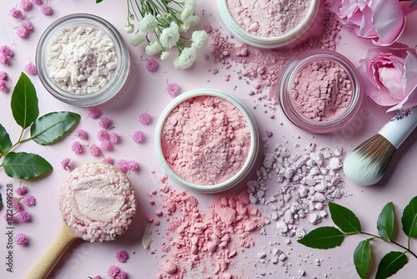 Fototapeta Pink table brush powder close up