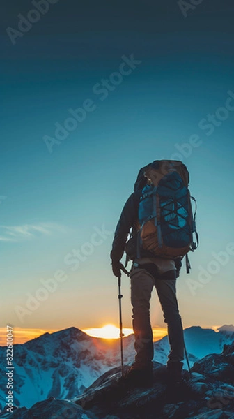 Fototapeta Man with mountain equipment at the top of a mountain looking at the sunset with blue tones. Generative AI.