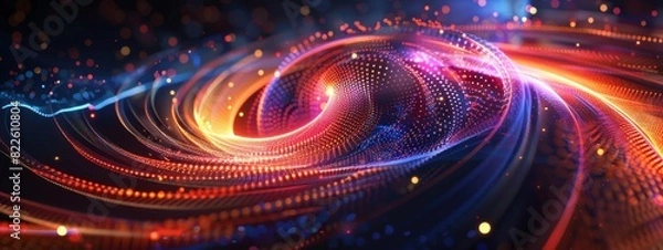 Obraz abstract light painting with neon lights, dynamic lines and curves, swirling colors and glowing dots on a dark background, creating an energetic and vibrant visual effect Generative AI