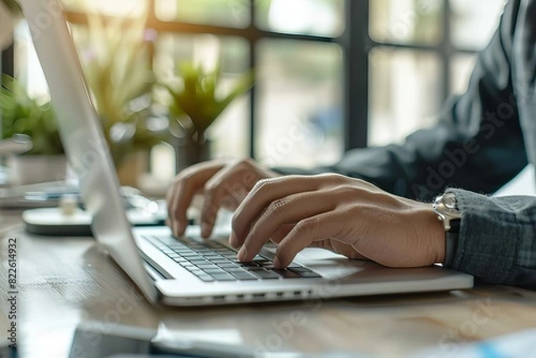 Fototapeta Person typing on laptop computer on wooden table