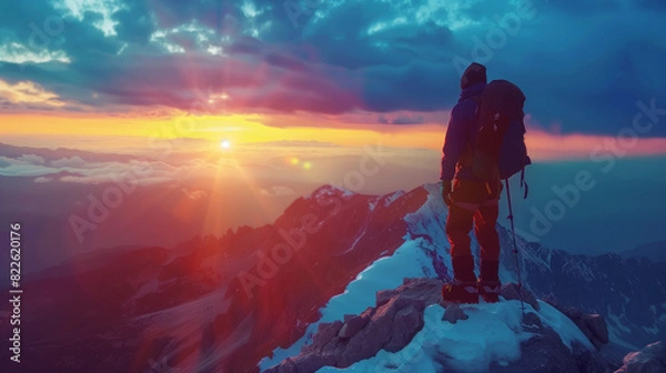 Fototapeta Man with mountain equipment at the top of a mountain looking at the sunset with blue tones. Generative AI.