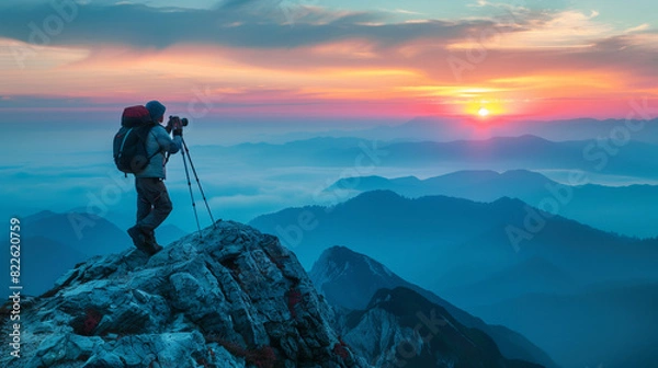 Fototapeta Man with mountain equipment at the top of a mountain looking at the sunset with blue tones. Generative AI.