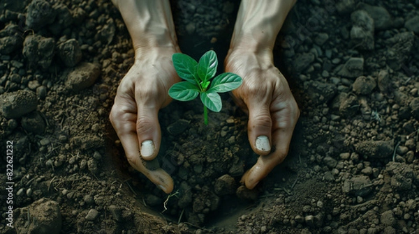 Fototapeta Hands planting a growing sprout in the earth, human responsibility for nature conservation, symbolic gesture for environmental protection. Generative AI.