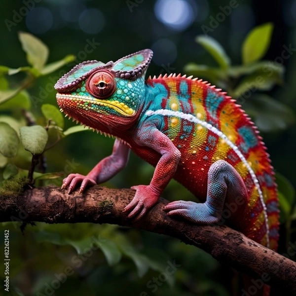 Fototapeta A colorful chameleon is perched on a branch