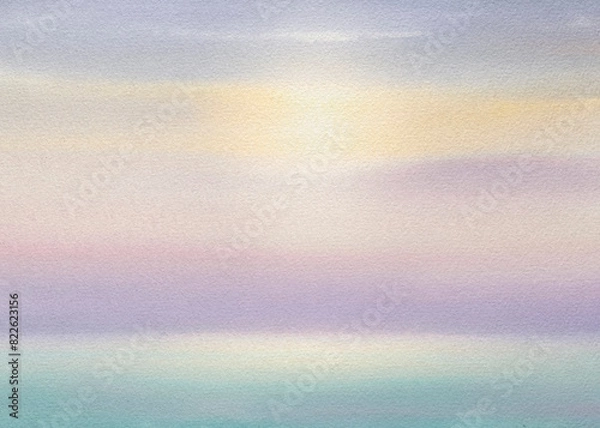 Fototapeta A serene beach painting featuring a boat peacefully sailing in the calm waters, surrounded by the beauty of the sandy shore and clear skies.