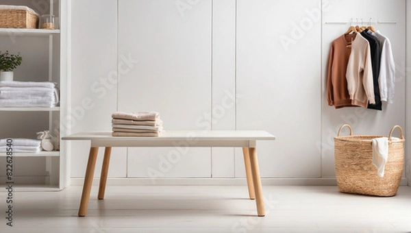 Fototapeta empty white wooden table for product display with laundry room	 background	