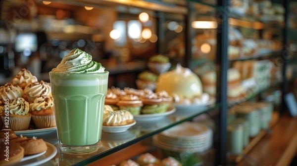 Fototapeta A cup of green matcha, tea latte on a glass counter in a bakery