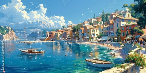 Obraz Picturesque Coastal Town with Vibrant Colors - Generative AI