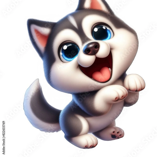 Obraz Funny and playful husky or pet dog is playing and jumping and looks happy isolated on transparent background. Little husky dog pretending. Cute and happy crazy dog ​​head smiling on transparent png