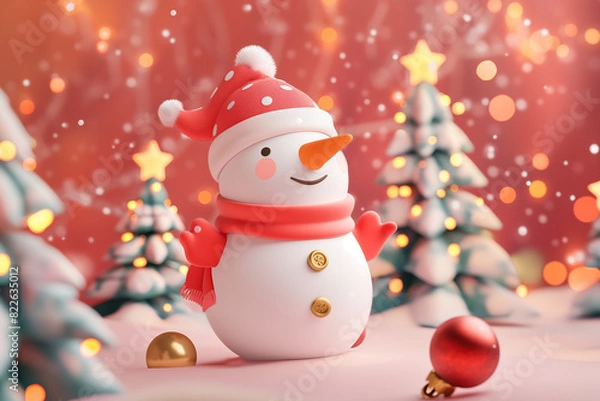 Fototapeta A snowman wearing a red hat and scarf stands in front of a Christmas tree
