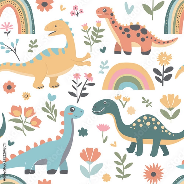 Fototapeta Seamless abstract pattern with hand drawn dinosaurs dino flowers