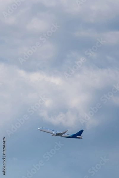 Obraz Commercial airplane flying in the sky with negative space surrounding it.