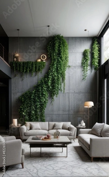 Fototapeta gray and marble luxury living room interior with sleek furniture and a vertical garden