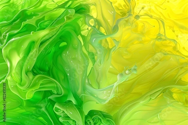 Fototapeta : A dynamic abstract background where bright lime green and sunny yellow liquid paints intertwine, evoking the energy and vitality of a bright summer day.