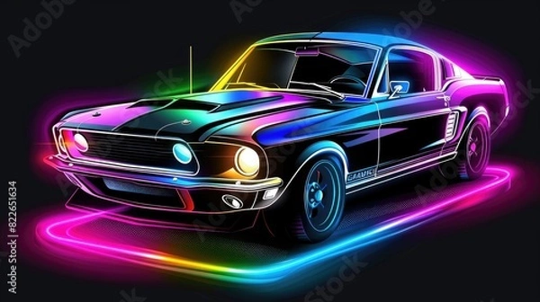 Obraz Neon retro car on black background, horizontal vintage banner