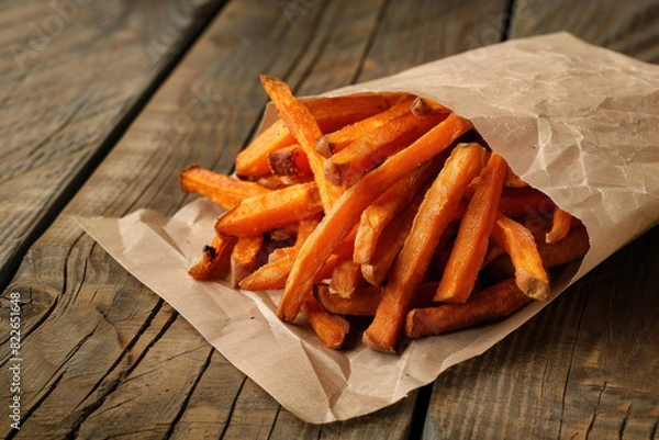 Obraz Delicious Sweet Potato Fries in a Brown Paper Bag on a Wooden Table