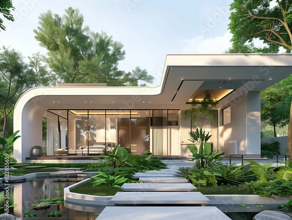 Obraz photo exterior Modern 1 story cement house in classic style One layer of white in Thailand