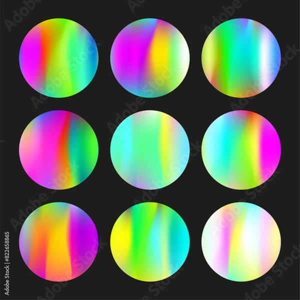 Fototapeta Hologram abstract backgrounds set. Holographic gradient. Plastic hologram backdrop. Minimalistic 90s, 80s retro style graphic template for placard, presentation, banner, brochure.