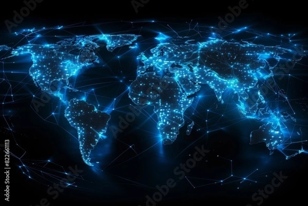 Fototapeta A world map made of glowing blue connections, highlighting global network and connectivity on a black background Generative AI